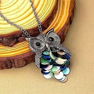 Whimsical Owl Pendant Necklace Iridescent Scales Blue Green Silver Tone Unique